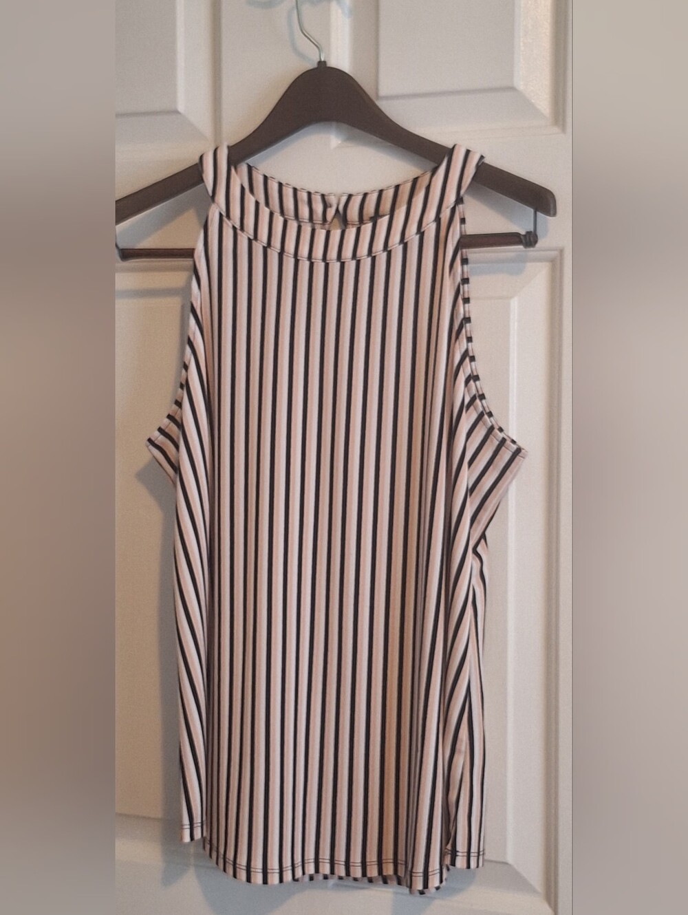 Striped Cream, Tan and Black Sleeveless Skirt Keyhole Button